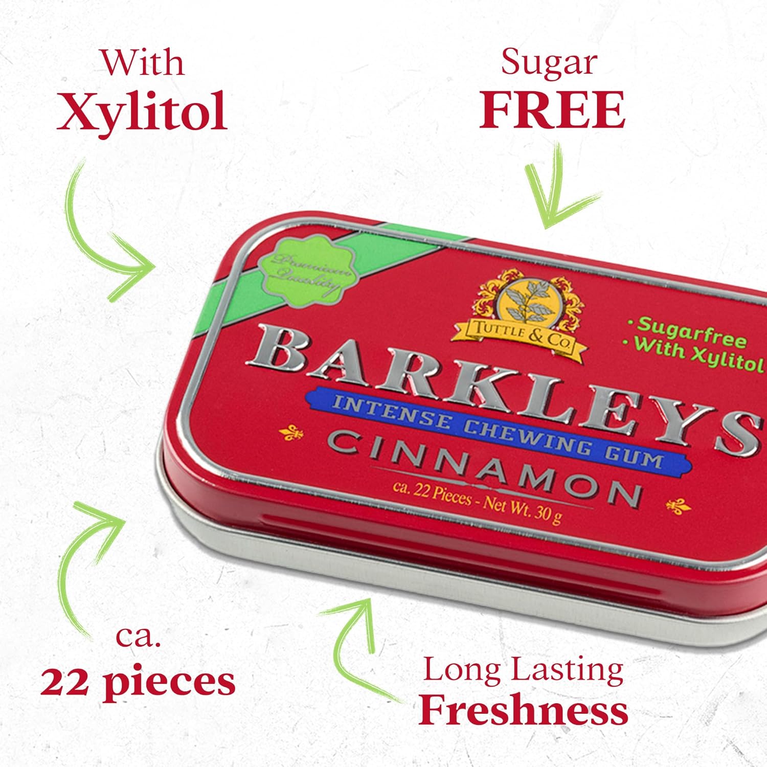 Barkleys Sugar Free Gum – naturlig sukkerfri tyggegummi med Xylitol i retro æske. Vælg mellem Peppermint, Spearmint eller Cinnamon.