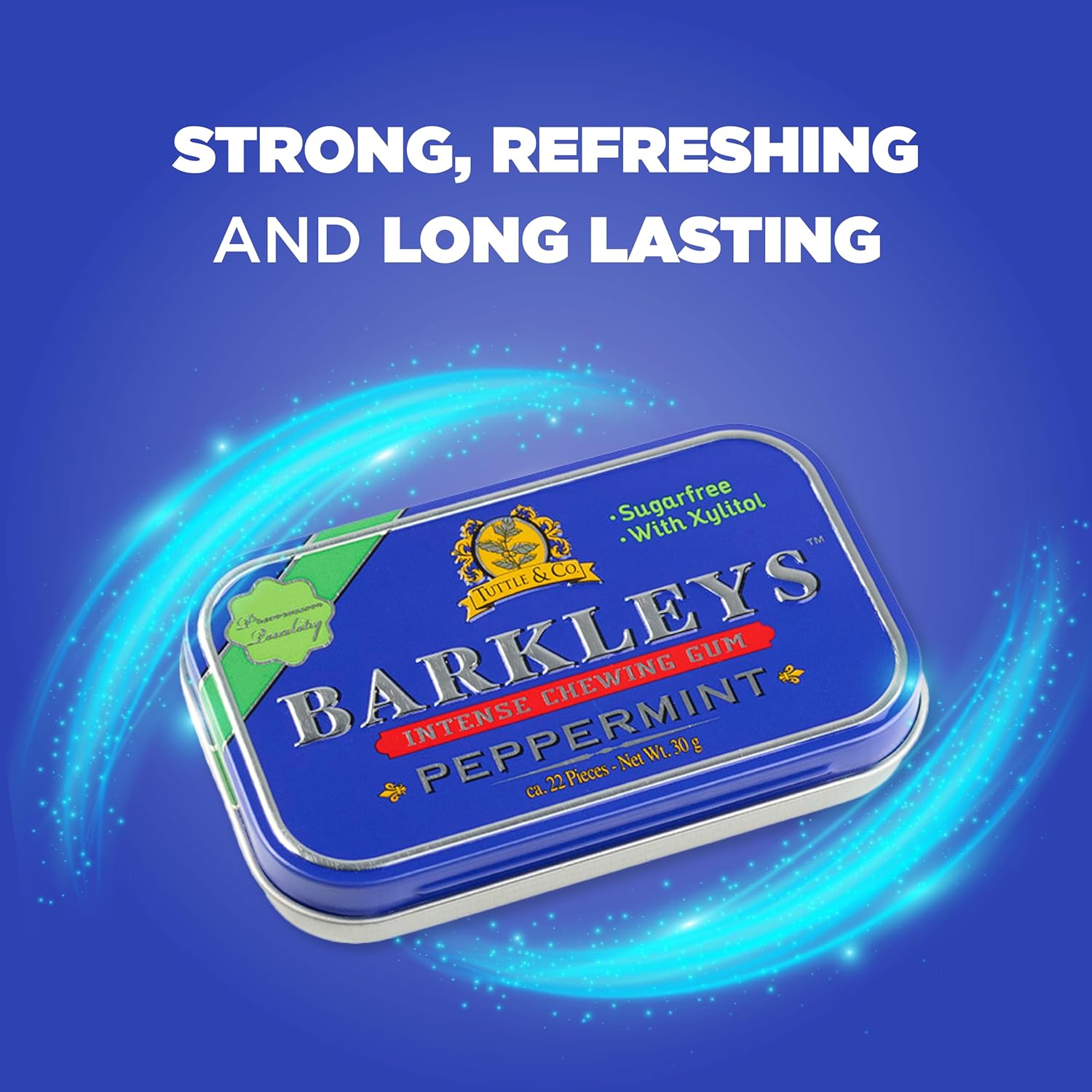 Barkleys Sugar Free Gum – naturlig sukkerfri tyggegummi med Xylitol i retro æske. Vælg mellem Peppermint, Spearmint eller Cinnamon.