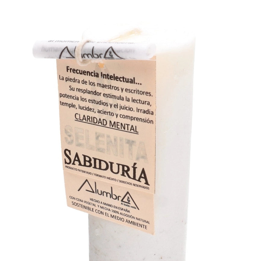 Håndlavet selenit lys i naturlig sojavoks – skabt til mental klarhed, visdom og indre ro.