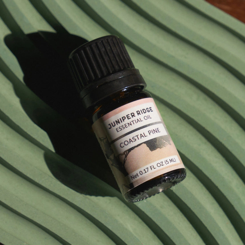Juniper Ridge Coastal Pine æterisk olie med duft af fyrrenåle, citrusnåletræ og frisk havluft. Dampdestilleret i Californien af vildthøstede planter.