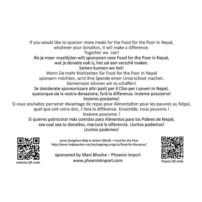Informationsmateriale om donation til Food for the Poor i Nepal, flersprogede tekst