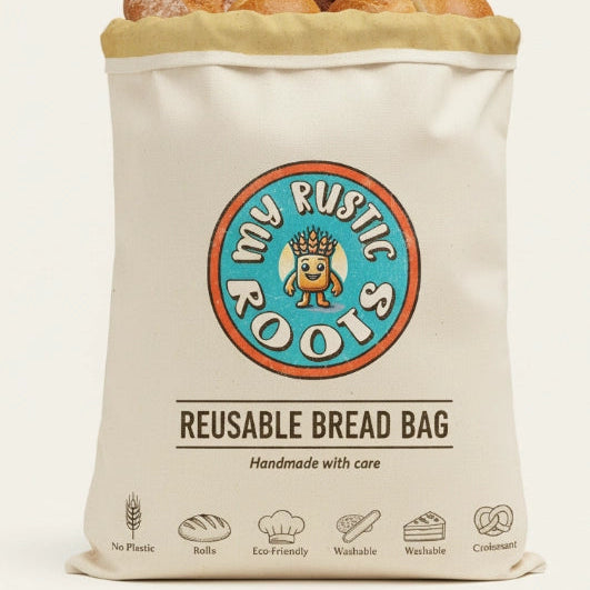 My Rustic Roots Original genanvendelig brødpose med bivoksforet inderside og justerbart spænde til surdejsbrød