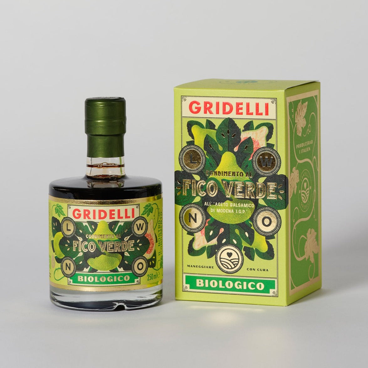 Økologisk Gridelli balsamico med grøn figen i glasflaske, produktlabel, madlavning, gourmet