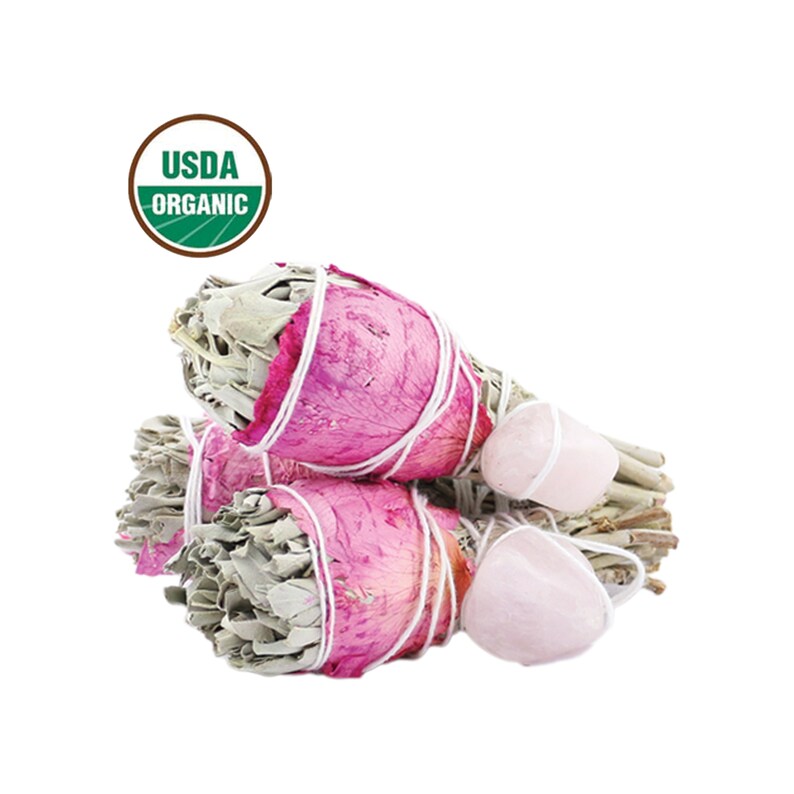 Salvie, roser & rosenkvarts Smudging Fakkel | Naturligt røgelsesbundt til kærlighed & healing