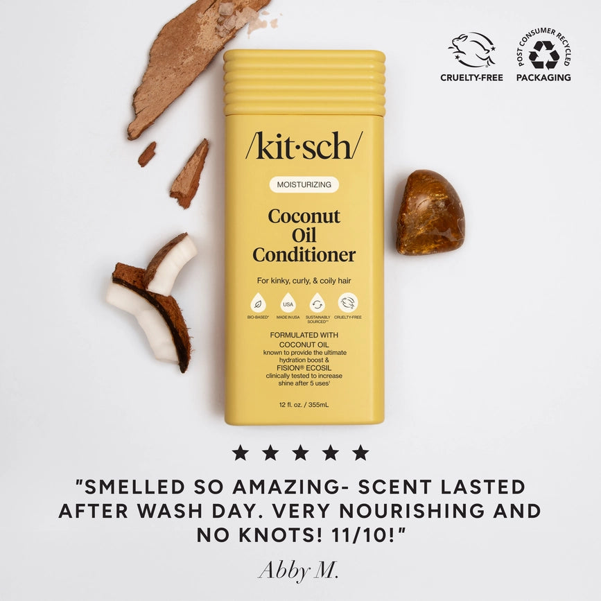 Fugtgivende conditioner med kokosolie. Plejer tørt hår, reducerer brud og giver glans. Vegansk, bæredygtig & luksus fra KITSCH.