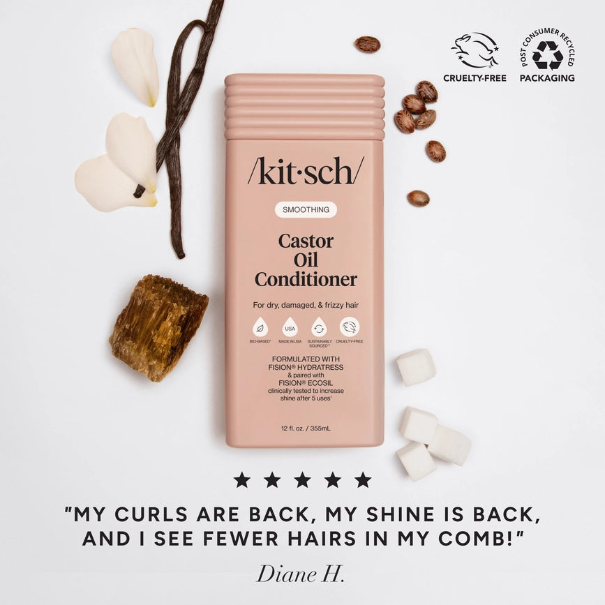 Fugtgivende balsam med castor oil. Styrker, blødgør og reducerer krus i tørt hår. Vegansk, bæredygtig & zero-waste fra KITSCH.