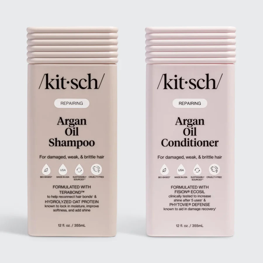 KITSCH Repairing Argan Oil Shampoo & Conditioner – genopbyggende og fugtgivende hårplejesæt med argan olie og Everbond®. Styrker, beskytter og giver glans.