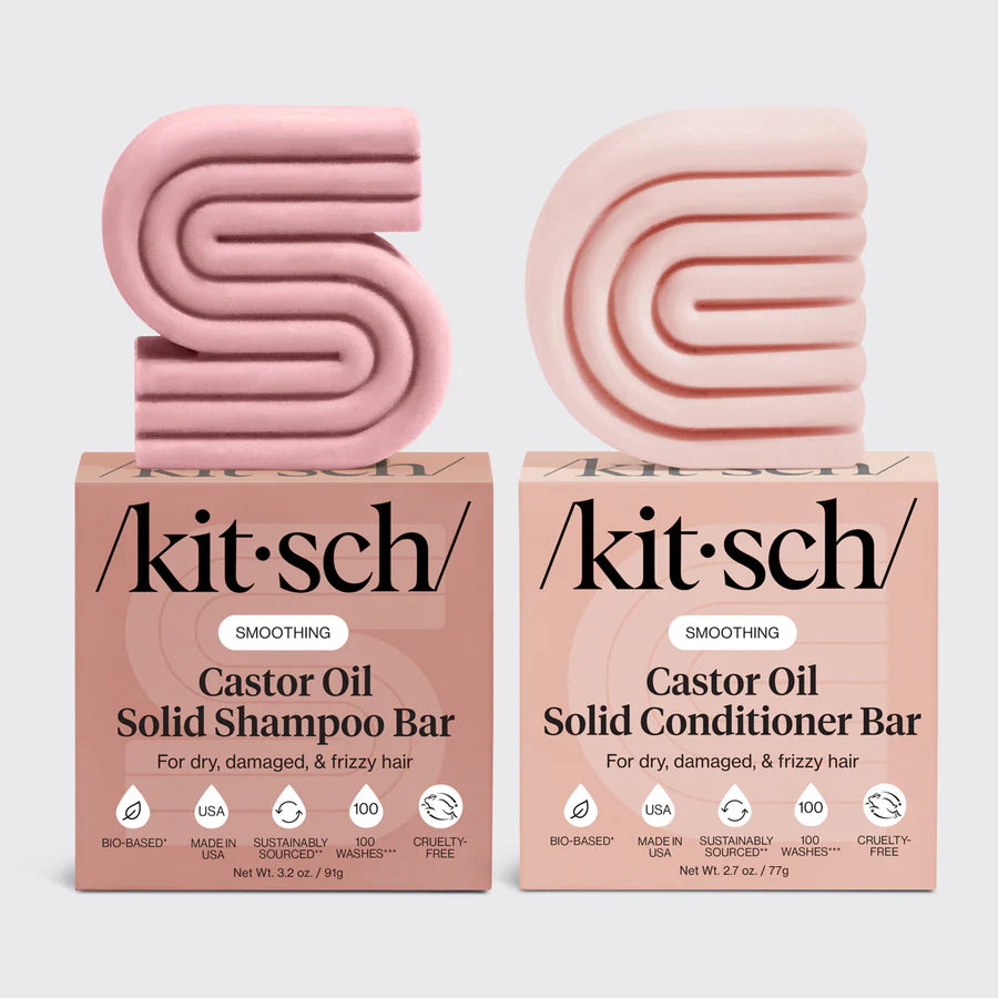 Få sundt, glansfuldt hår med KITSCH Castor Oil Shampoo & Conditioner. Fugtgivende og styrkende hårplejesæt med ricinusolie, vegansk, bæredygtig og fri for sulfater.