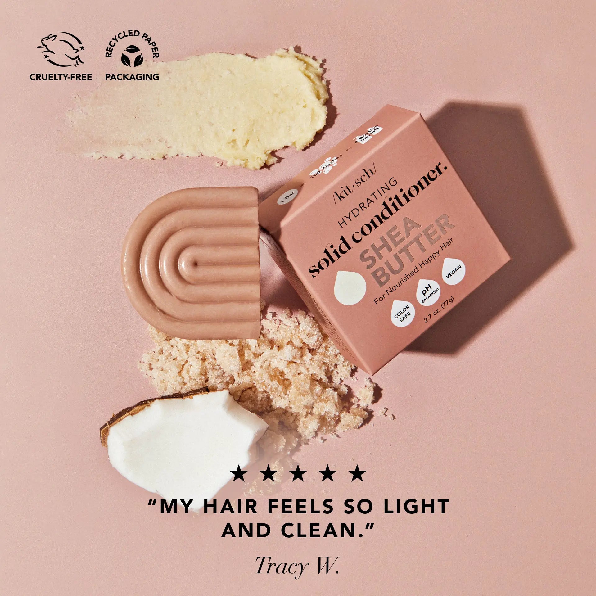 Fugtgivende conditioner bar med shea butter og kokosolie. Styrker, reducerer krus & giver glans. Vegansk, bæredygtig & plastikfri hårpleje.