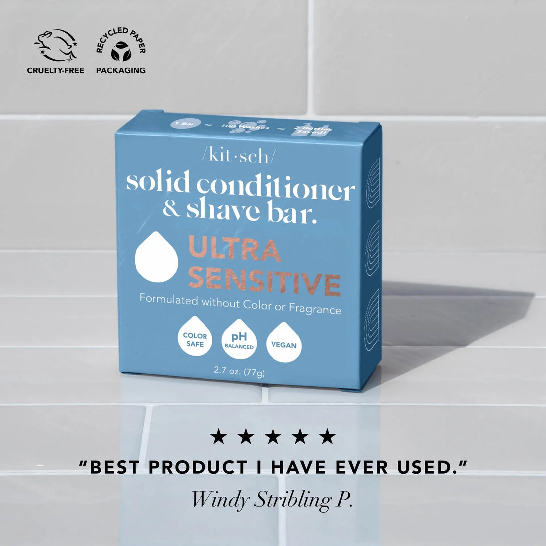 2-i-1 leave-in balsam & shave bar til sensitiv hud. Fugter, plejer og beskytter hår og hud. Duftfri, vegansk & zero-waste.