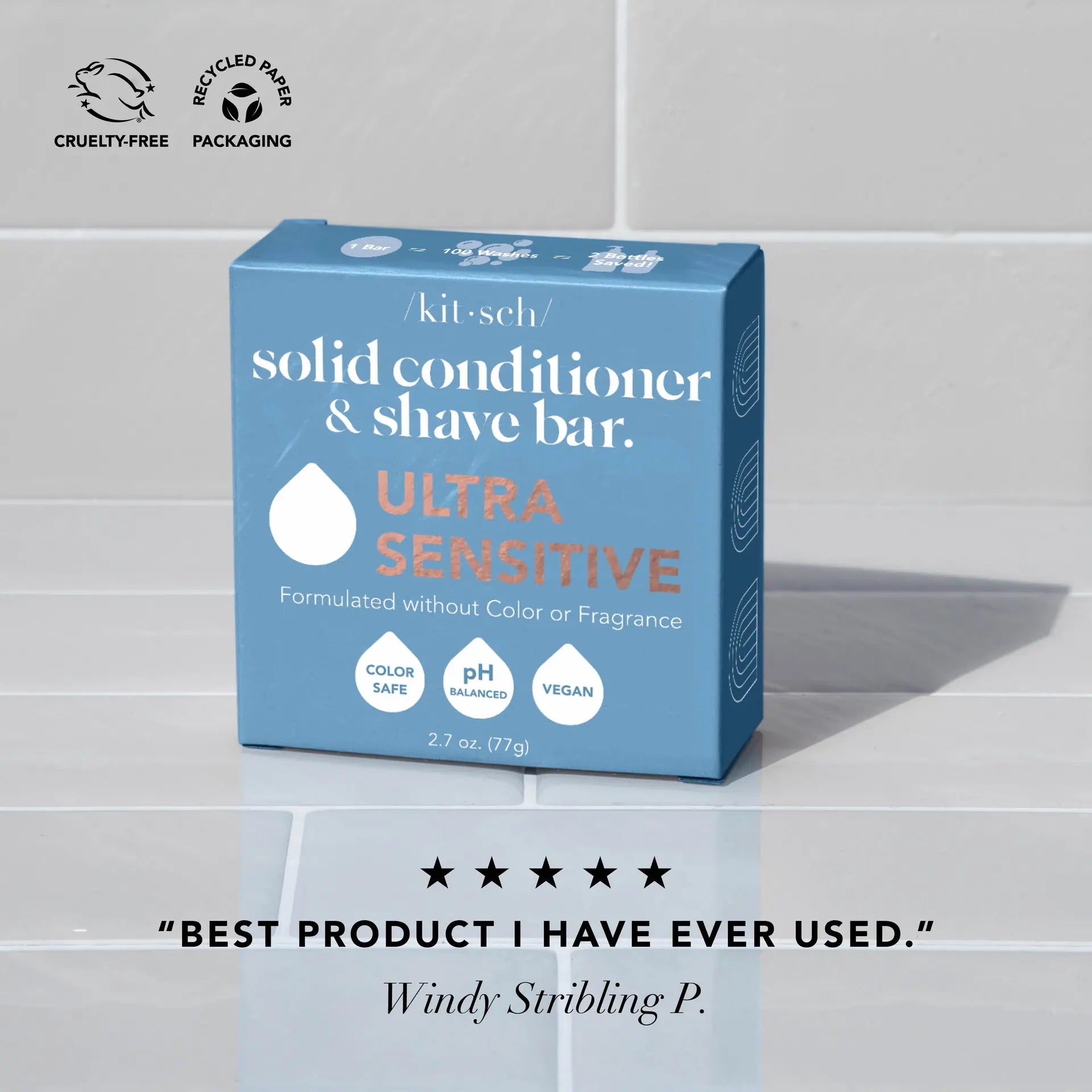 2-i-1 leave-in balsam & shave bar til sensitiv hud. Fugter, plejer og beskytter hår og hud. Duftfri, vegansk & zero-waste.