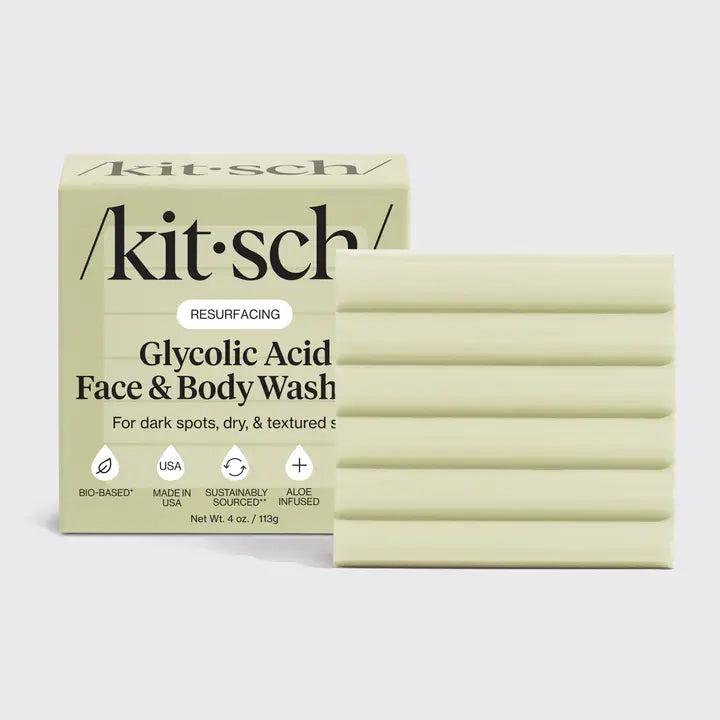Skånsom eksfoliering med KITSCH Glycolic Acid Bar. Rens & forny hudens glød med glykolsyre, aloe vera & eucalyptus – vegansk & plastikfri.
