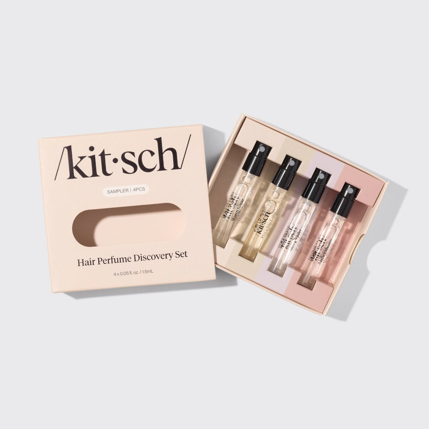 KITSCH Hair Perfume Discovery Set – 4 minis til hår, krop & tekstil. Neutraliserer lugt, perfekt til rejser, hverdag & layering. Vegansk & travel-friendly.
