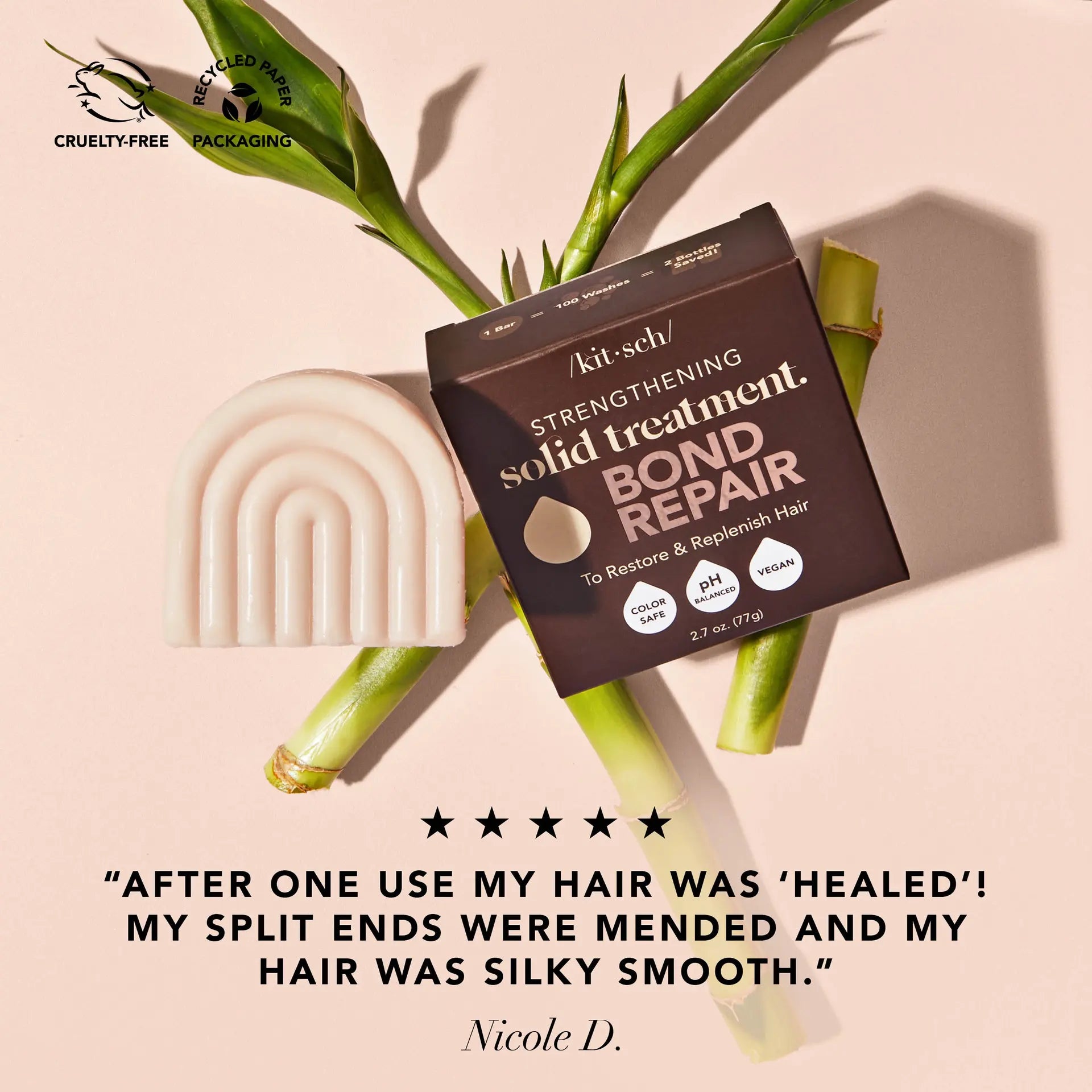 KITSCH Bond Repair Bar – Reparerende Hårkur med marulaolie og baobab protein. Vegansk hårkur bar, der styrker, plejer og giver glans til tørt og skadet hår.