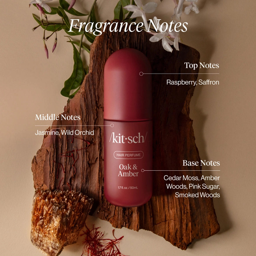 KITSCH Oak & Amber Hair Perfume – varm, træagtig og kønsneutral duft til hår, krop & tekstil. Vegansk, ren og travel friendly.