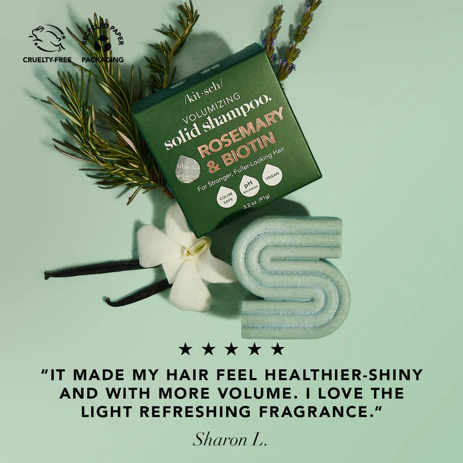 KITSCH Rosemary & Biotin Shampoo Bar – styrkende og volumengivende hårpleje med NaturePep® Amaranth. Fremmer hårvækst, styrker håret og giver glans. Vegansk, cruelty-free & Zero Waste.
