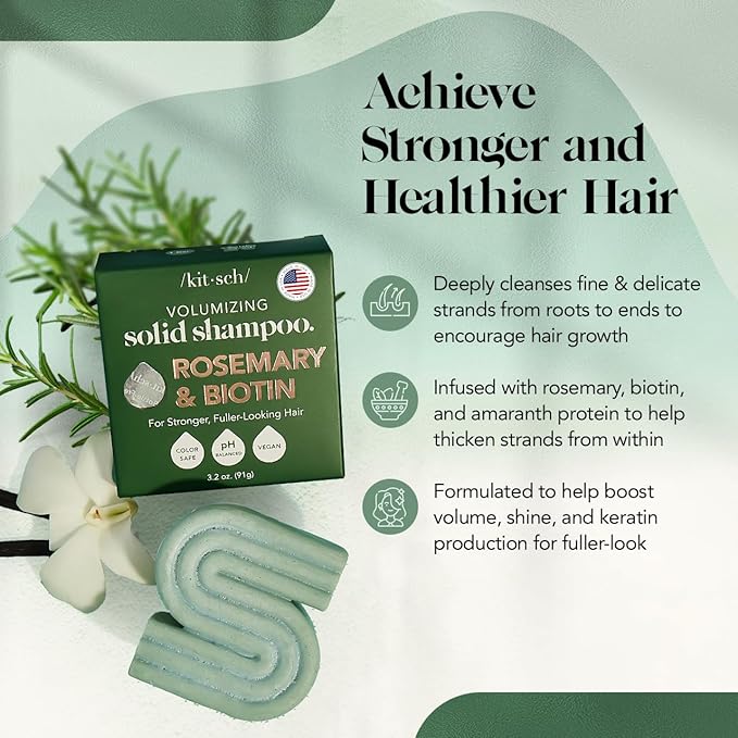 KITSCH Rosemary & Biotin Shampoo Bar – styrkende og volumengivende hårpleje med NaturePep® Amaranth. Fremmer hårvækst, styrker håret og giver glans. Vegansk, cruelty-free & Zero Waste.