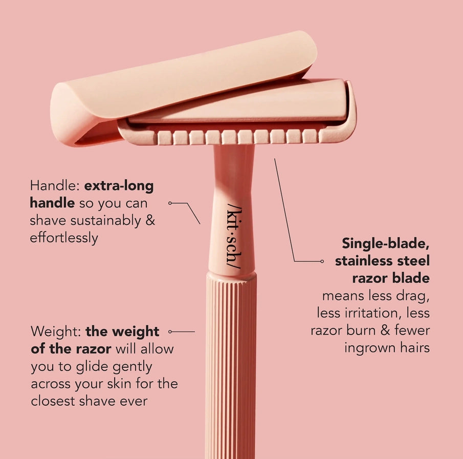 Skånsom & tæt barbering med mindre irritation. KITSCH Safety Razor i rustfrit stål – plastikfri, elegant og holdbar.