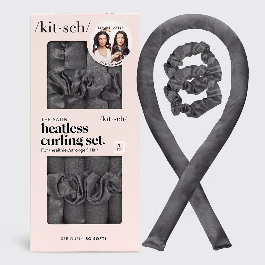 Få smukke krøller uden varme. KITSCH Satin Heatless Curling Set i Charcoal giver bløde bølger, volumen og glans – OEKO-TEX® certificeret & vegansk.