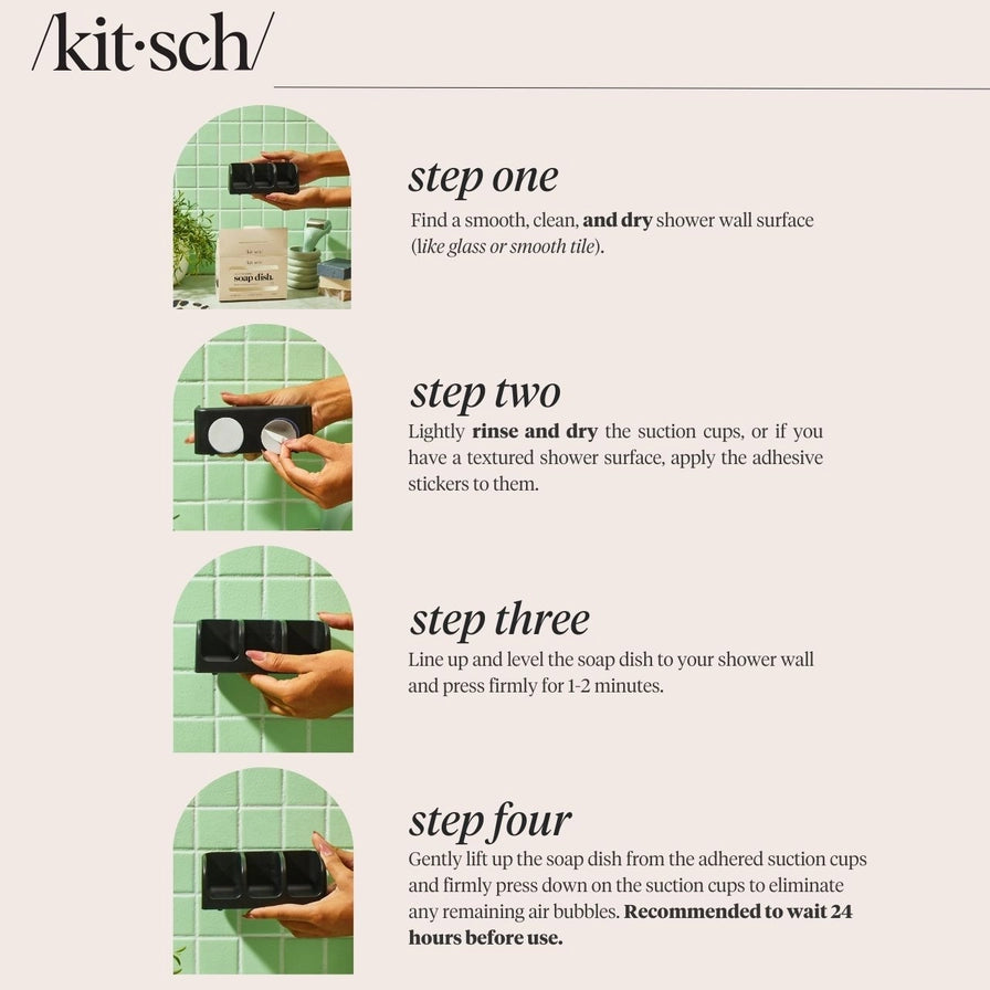 Hold dine shampoo-, conditioner- og body bars tørre og organiserede med KITSCH Self-Draining Soap Dish. Elegant sæbeholder med sugekopper, fremstillet af 100 % genbrugsplast – bæredygtig, funktionel og zero waste.