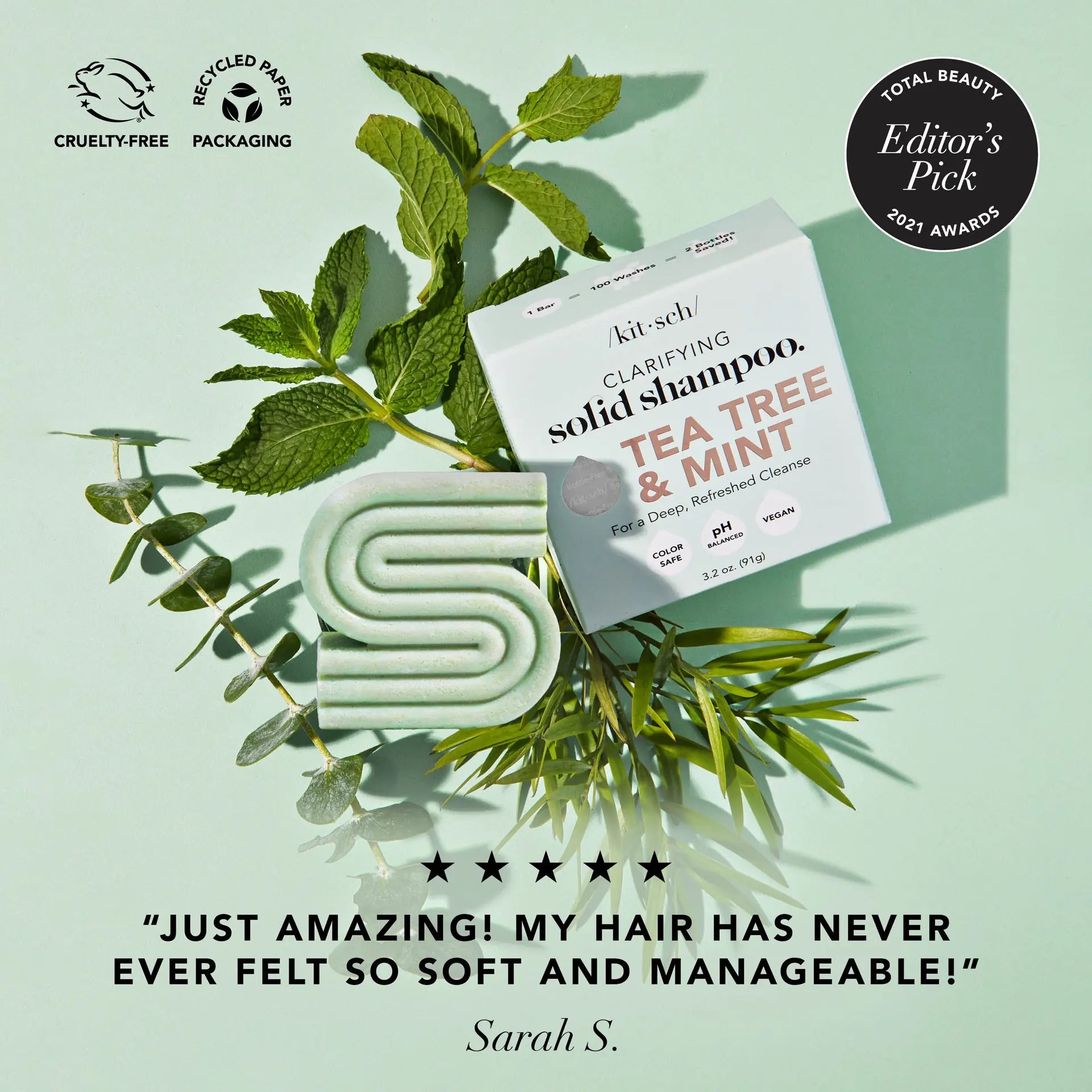 KITSCH Tea Tree & Mint Shampoo Bar – dybderensende og antibakteriel pleje, der balancerer hovedbunden, reducerer olie og giver friskhed og volumen.
Vegansk, cruelty-free & Zero Waste.