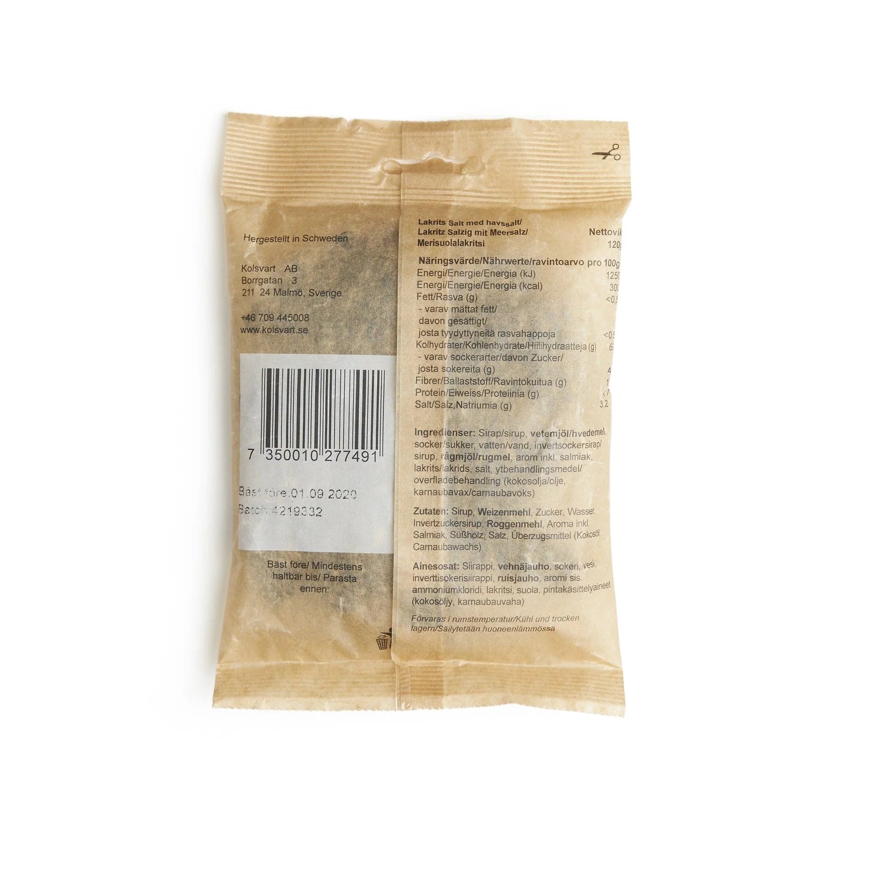 Kolsvart Salt + Havsalt – svensk gourmetlakrids med ekstra havsalt. Vegansk, glutenfri og perfekt balanceret smag af intens lakrids og frisk salt.
