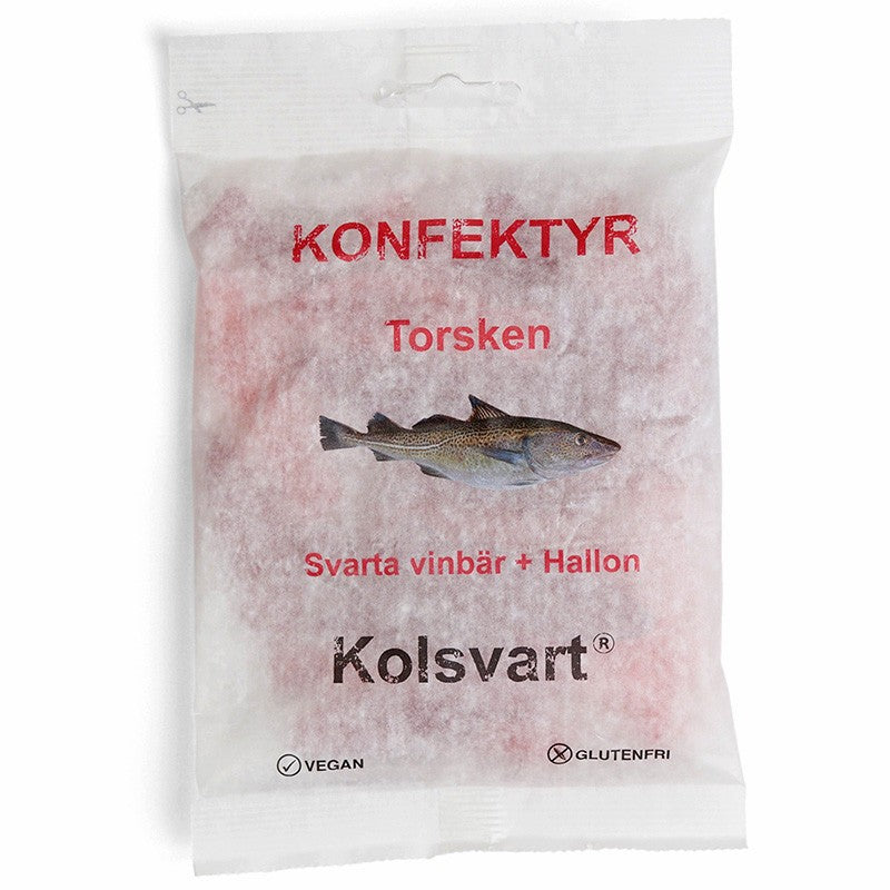 Kolsvart Torsken – vegansk & glutenfri vingummi med solbær, hindbær og et strejf af lakrids. Håndlavet i Sverige og bæredygtigt produceret.