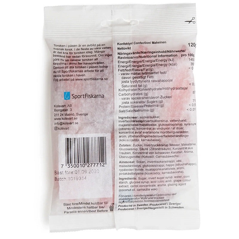Kolsvart Torsken – vegansk & glutenfri vingummi med solbær, hindbær og et strejf af lakrids. Håndlavet i Sverige og bæredygtigt produceret.