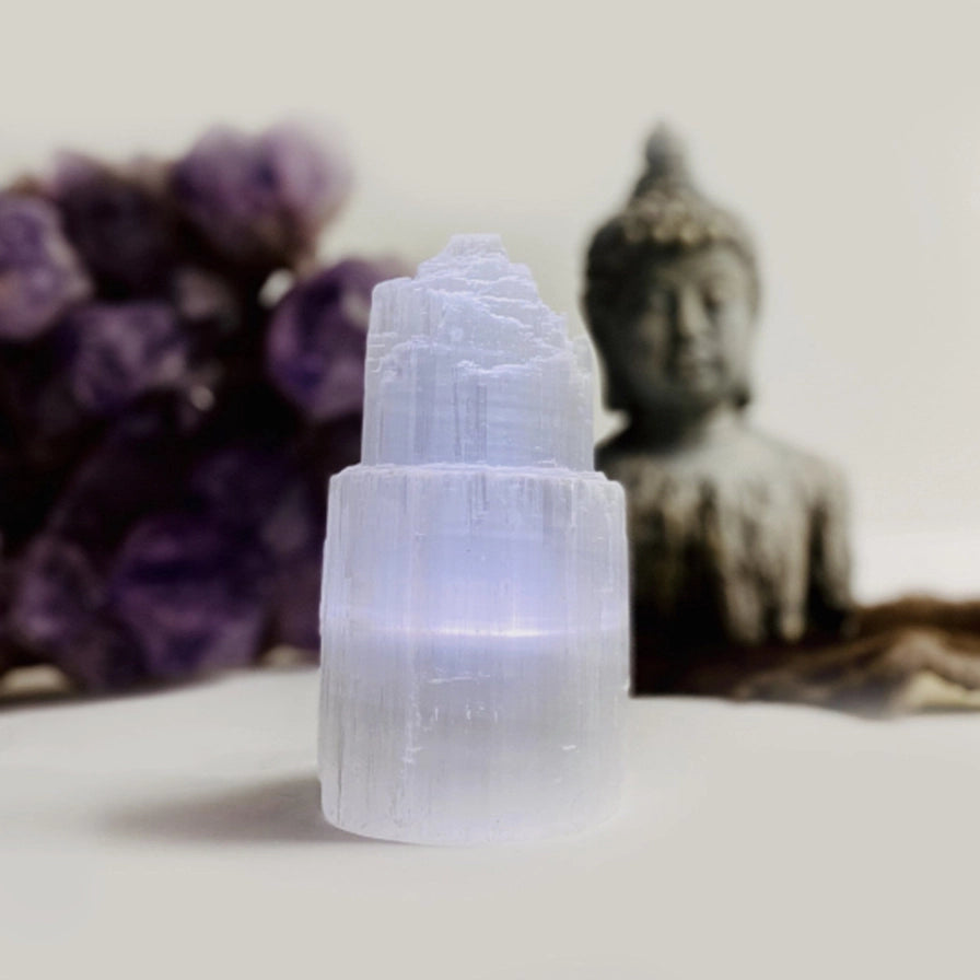 Krystallamper – Hvid Selenit med LED | 3 Størrelser