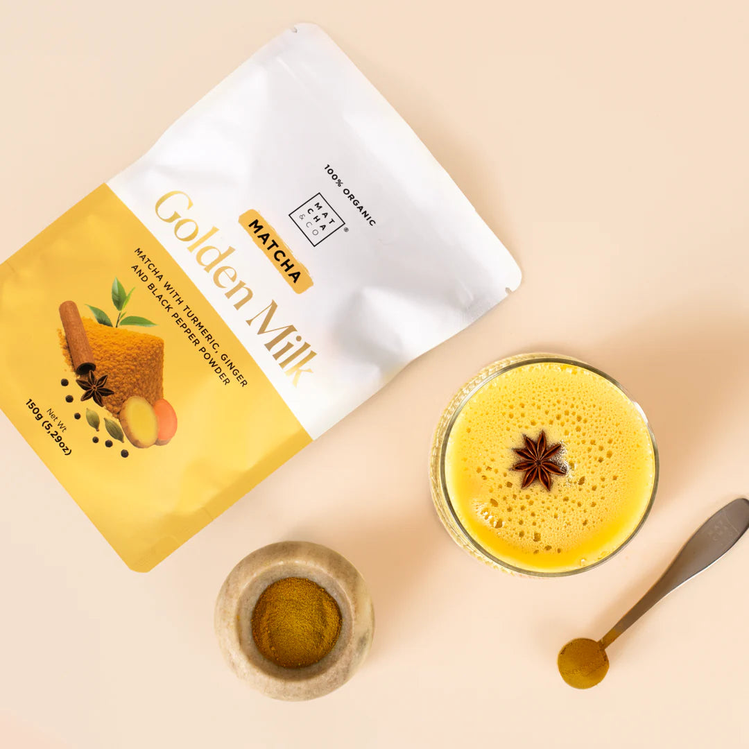 Matcha Golden Milk Pulver | Økologisk gurkemeje & matcha – varmende latte fyldt med urter