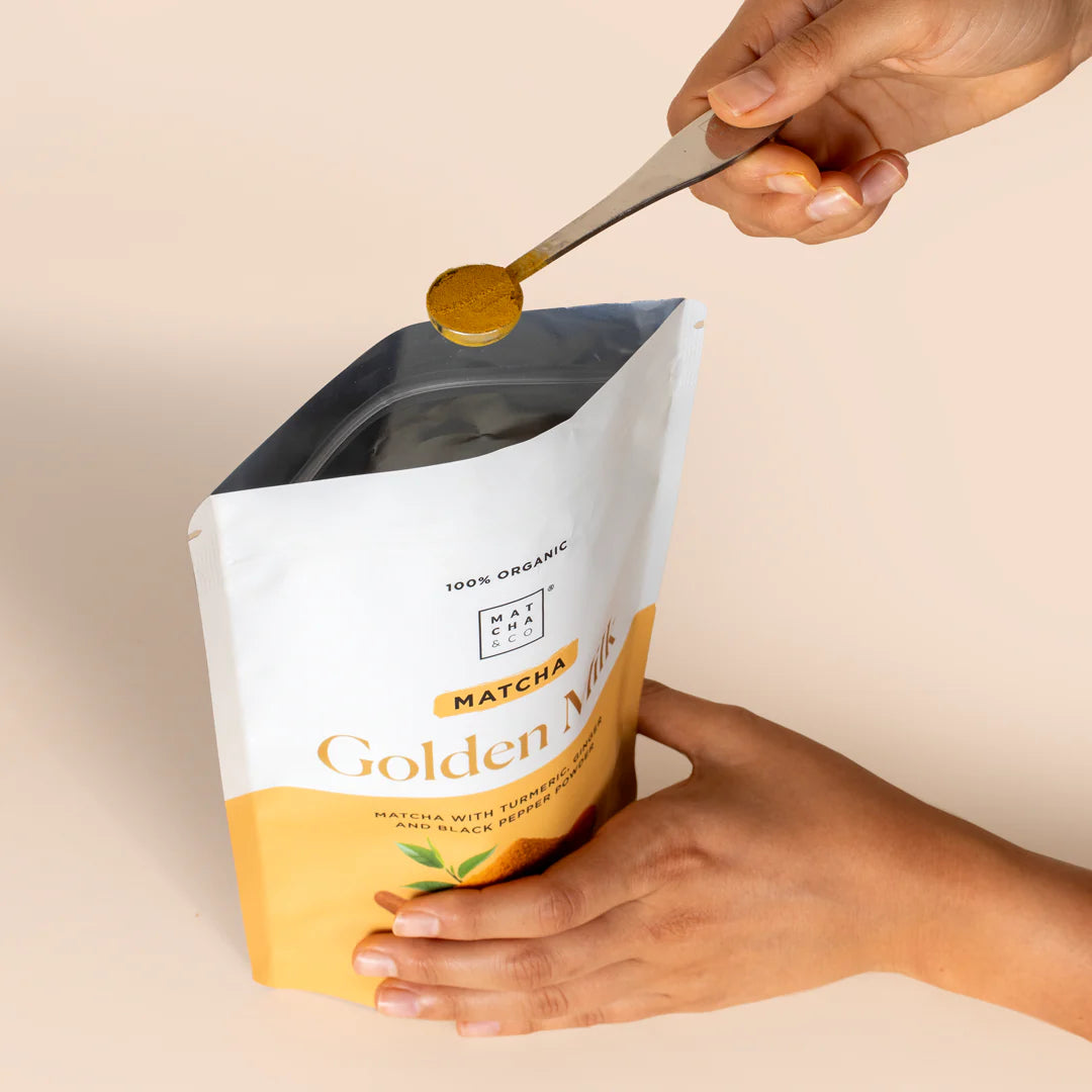 Matcha Golden Milk Pulver | Økologisk gurkemeje & matcha – varmende latte fyldt med urter
