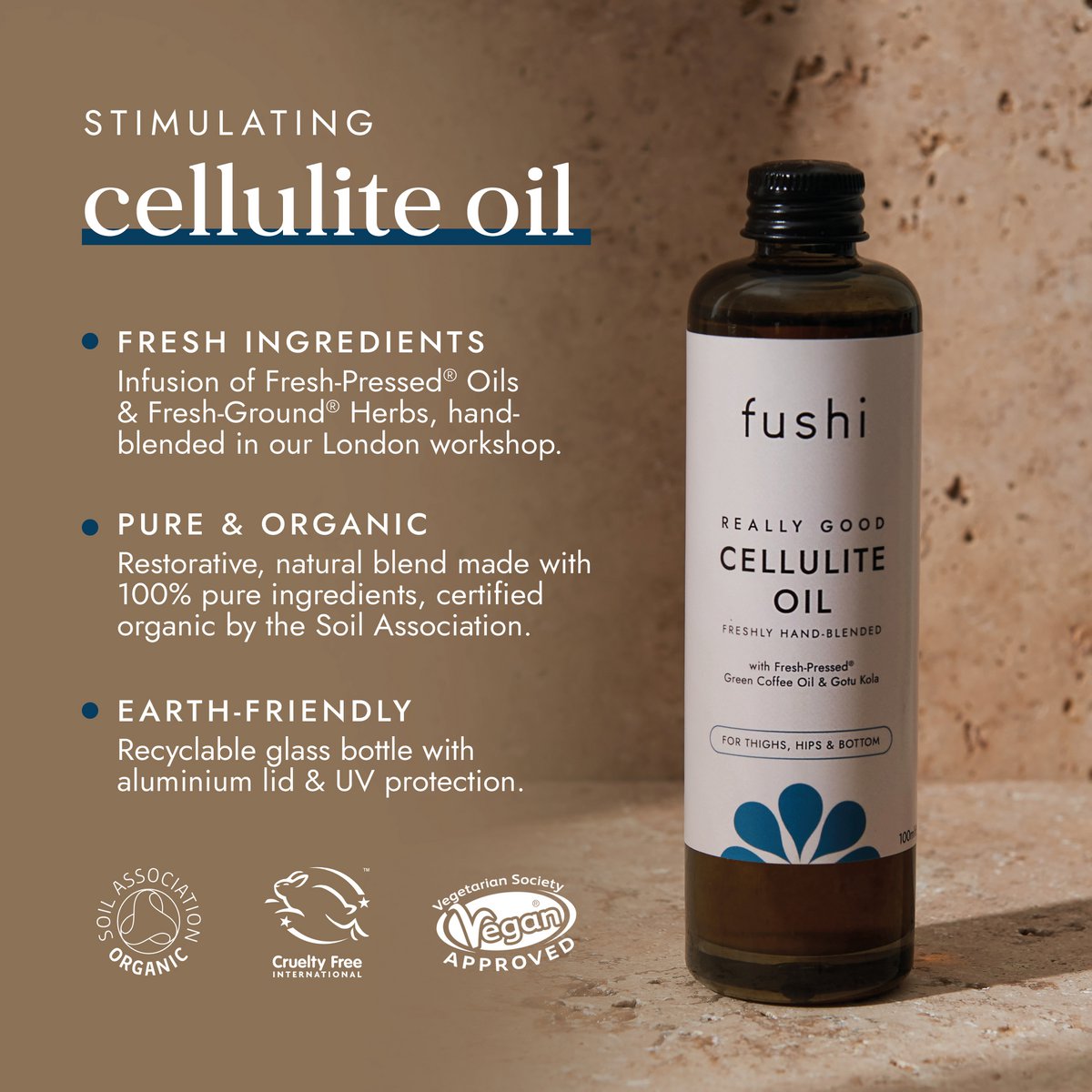 Cellulite olie flaske med green coffee og gotu kola, naturlig kropspleje