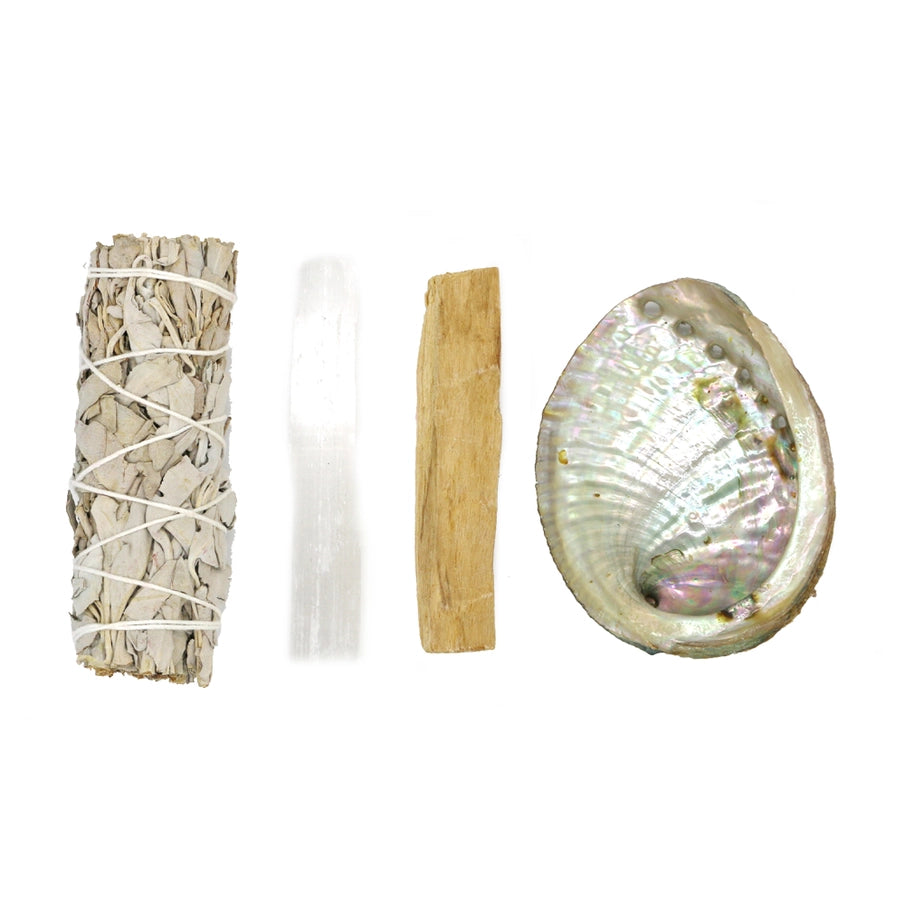 Smudging rense sæt med abalone skal, salvie, selenit & Palo Santo