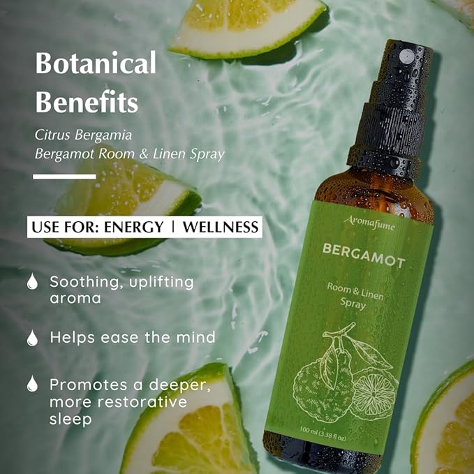 Aromafume Roomspray med Bergamot – naturlig duftspray med æteriske olier. Frisk citrusduft, der skaber energi, ro og balance i hjemmet.