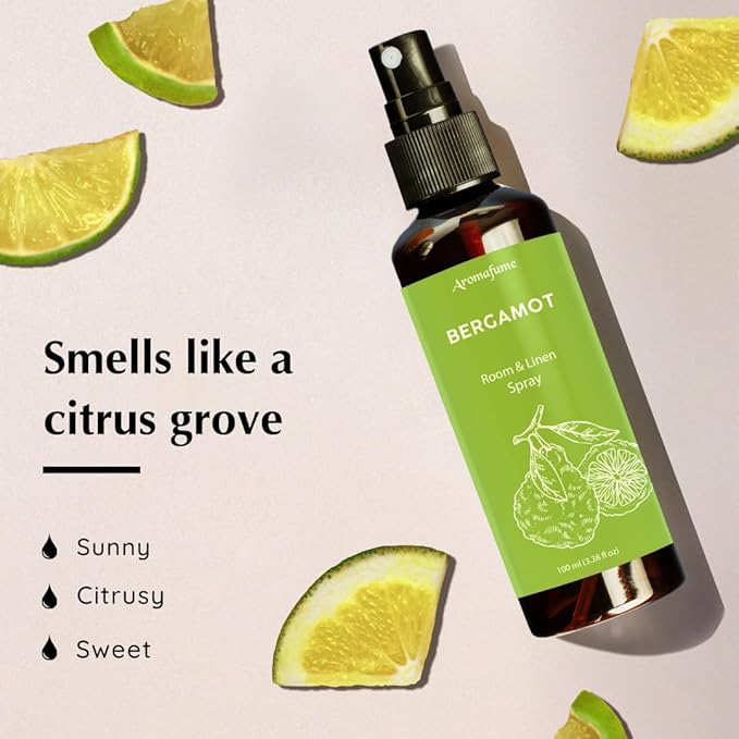 Aromafume Roomspray med Bergamot – naturlig duftspray med æteriske olier. Frisk citrusduft, der skaber energi, ro og balance i hjemmet.