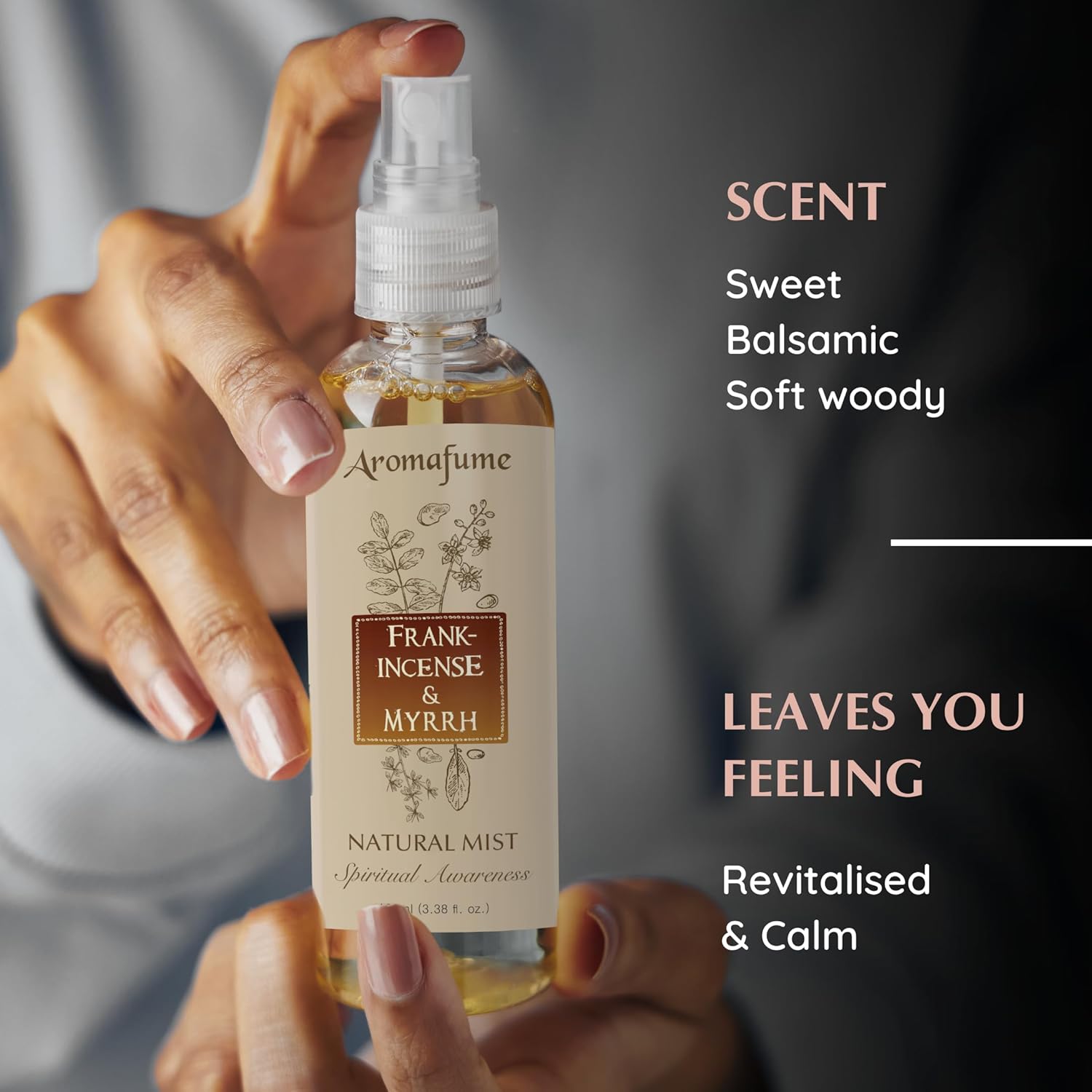 Aromafume Roomspray med Frankincense & Myrrh – røgfri rensning med æteriske olier. Skaber ro, energi og spirituel balance i dit hjem.