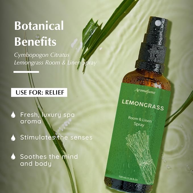 Aromafume Roomspray med Lemongrass – frisk citrusduft med æteriske olier. Renser luften, løfter energien og skaber naturlig balance i hjemmet.