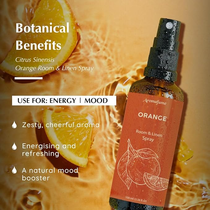 Aromafume Roomspray med Orange – naturlig citrusduft med æteriske olier. Skaber friskhed, energi og glæde i hjemmet. Vegansk & miljøvenlig.
