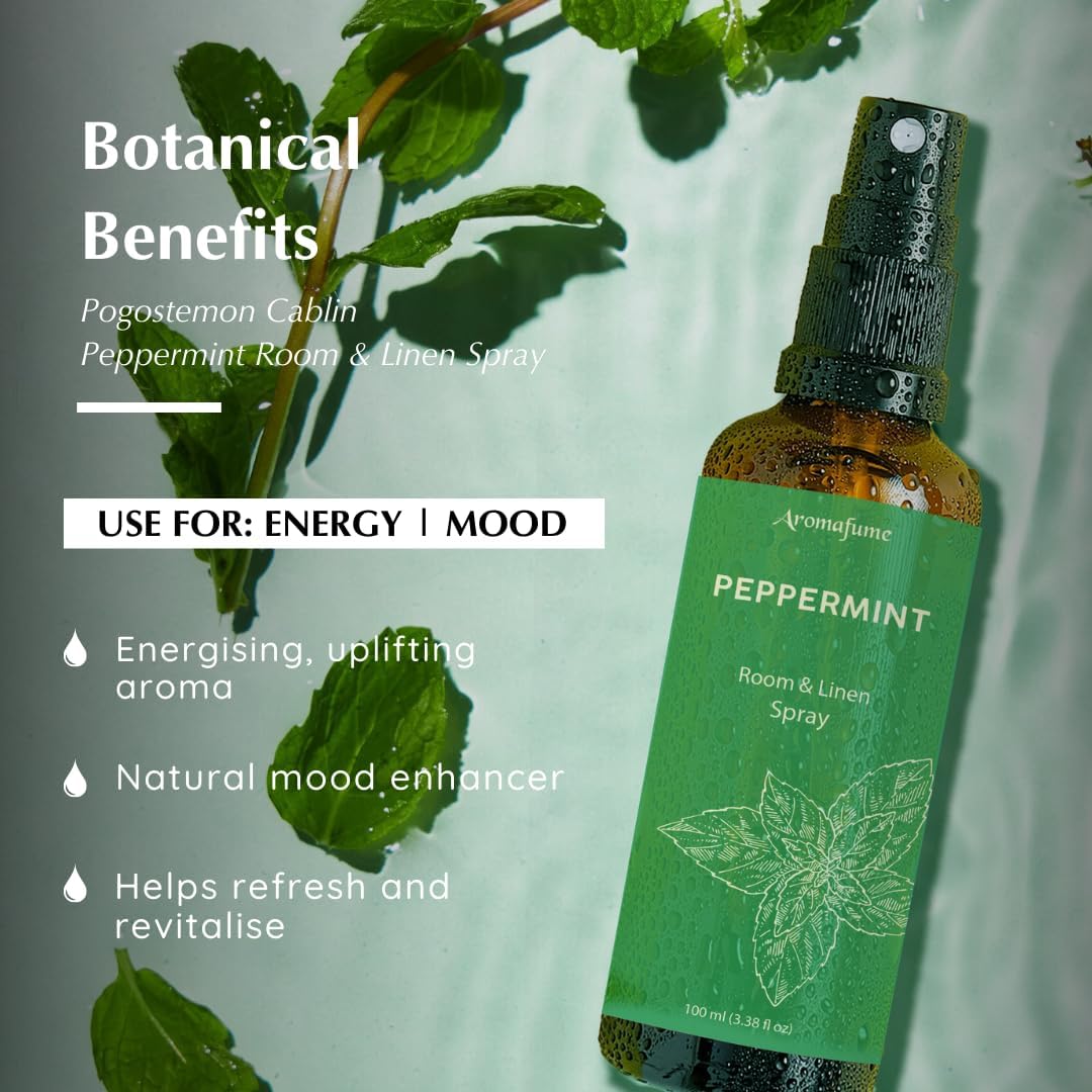Aromafume Roomspray med Pebermynte – frisk duft med æteriske olier, der giver energi, klarhed og balance. Vegansk og naturlig duftspray til hjemmet.