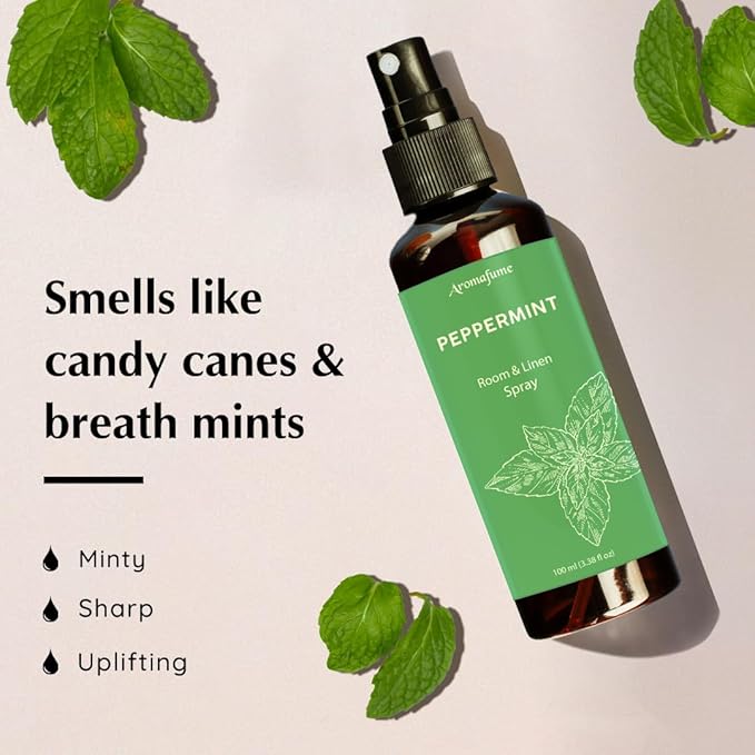 Aromafume Roomspray med Pebermynte – frisk duft med æteriske olier, der giver energi, klarhed og balance. Vegansk og naturlig duftspray til hjemmet.