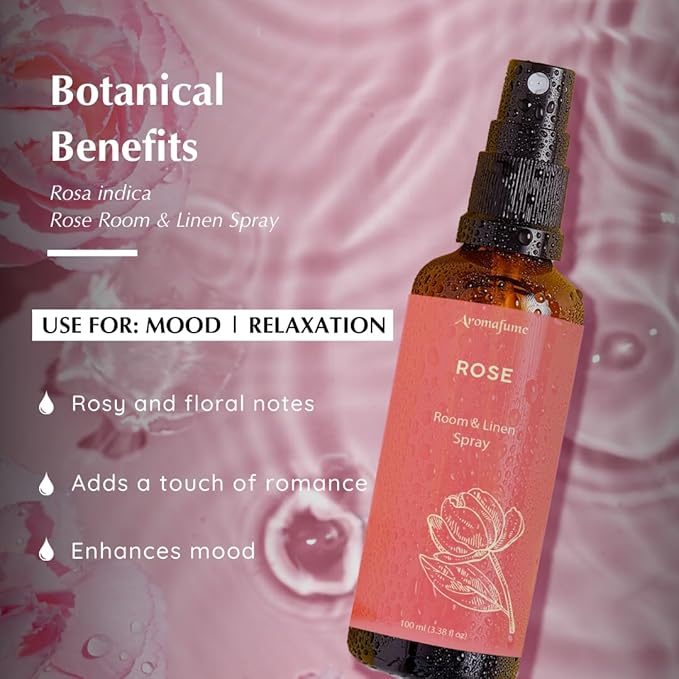 Aromafume Roomspray med Roser – romantisk blomsterduft med æteriske olier. Skaber ro, balance og velvære. Vegansk & bæredygtig.