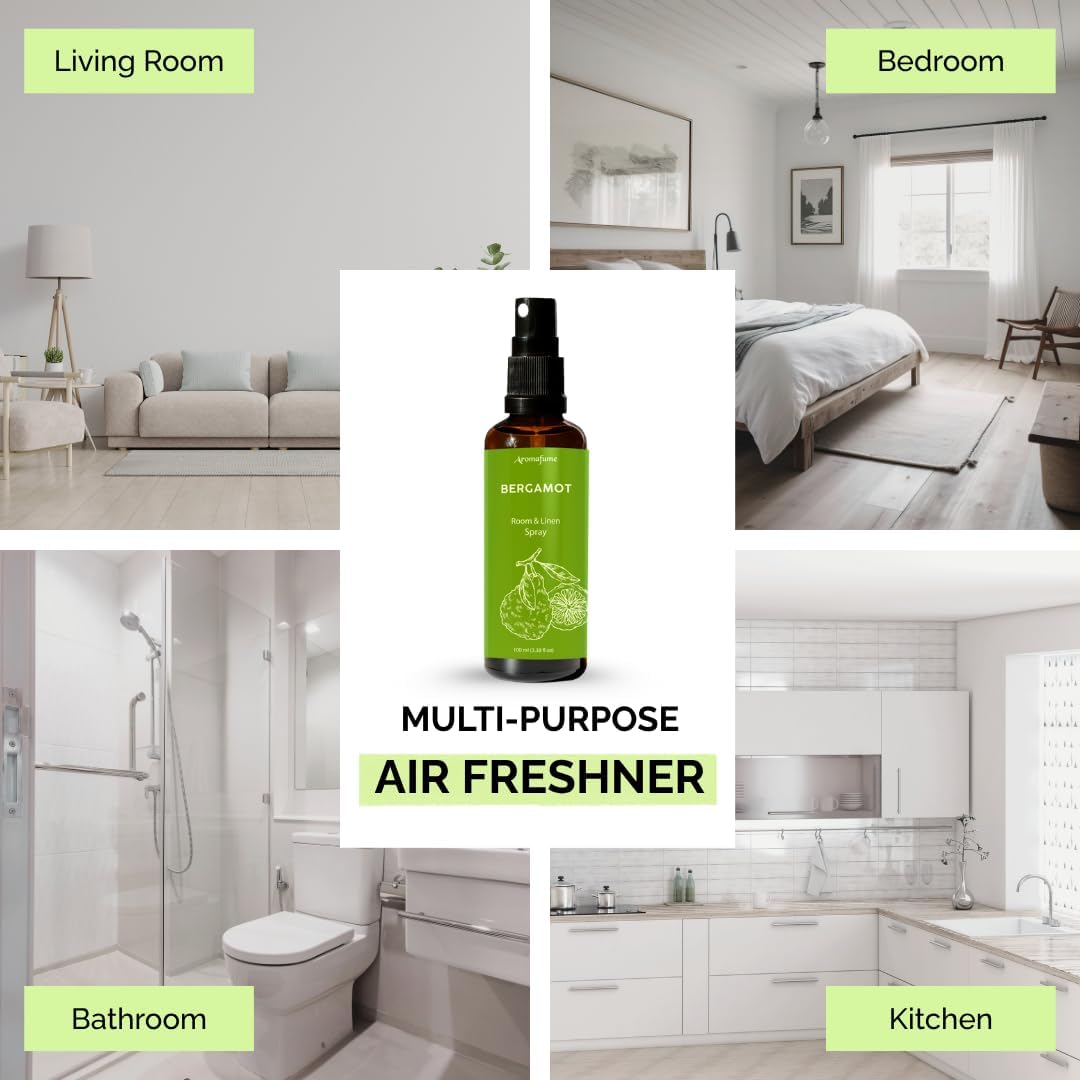 Aromafume Roomspray med Bergamot – naturlig duftspray med æteriske olier. Frisk citrusduft, der skaber energi, ro og balance i hjemmet.
