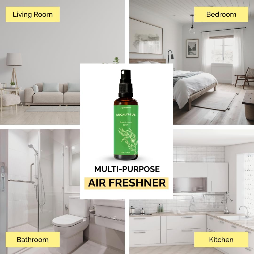 Aromafume Roomspray med Eukalyptus & Mynte – frisk, naturlig duftspray med æteriske olier. Renser luften, giver energi og balance i hjemmet.