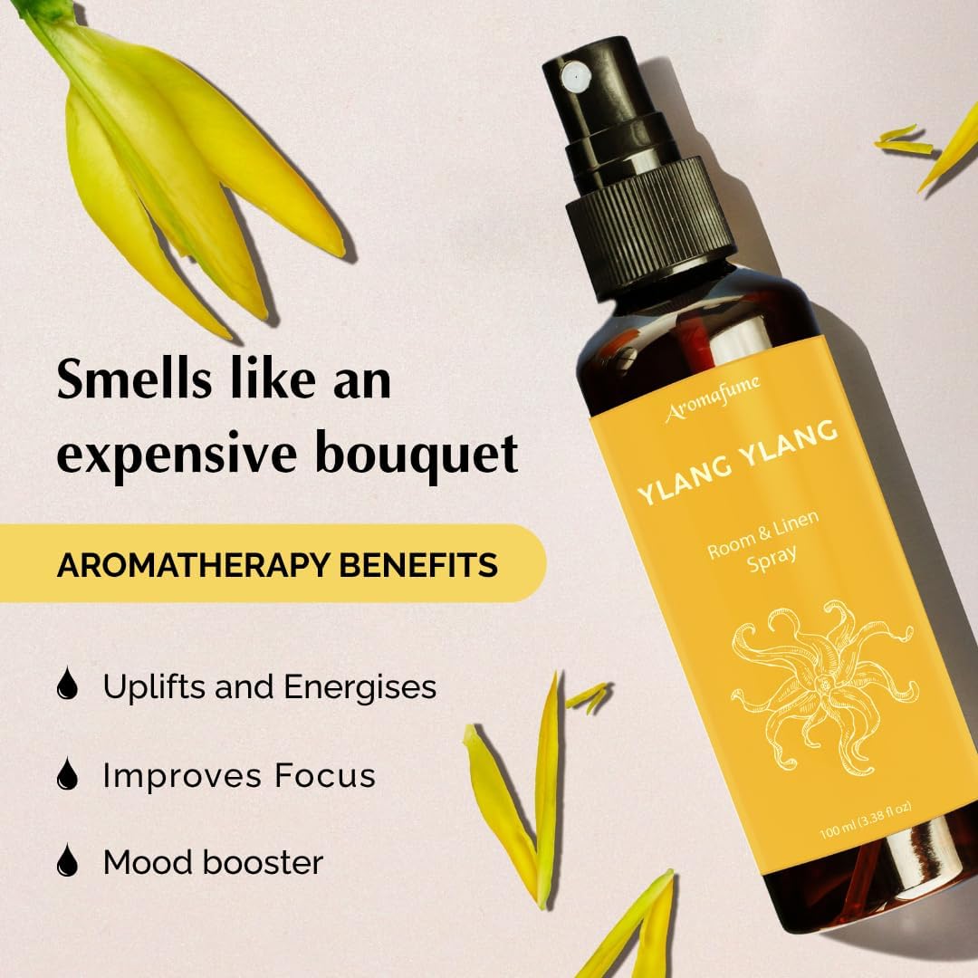 Aromafume Roomspray med Ylang Ylang – eksotisk blomsterduft, der skaber ro, glæde og balance. 100 % naturlig, vegansk og cruelty-free.