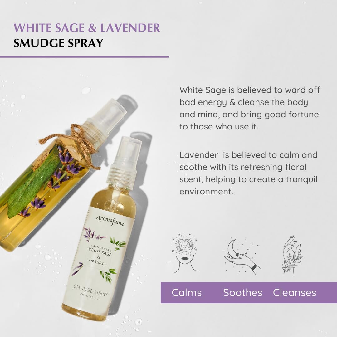 Aromafume Roomspray med Salvie & Lavendel – røgfri smudging med æteriske olier. Renser energien og skaber ro, klarhed og balance.
