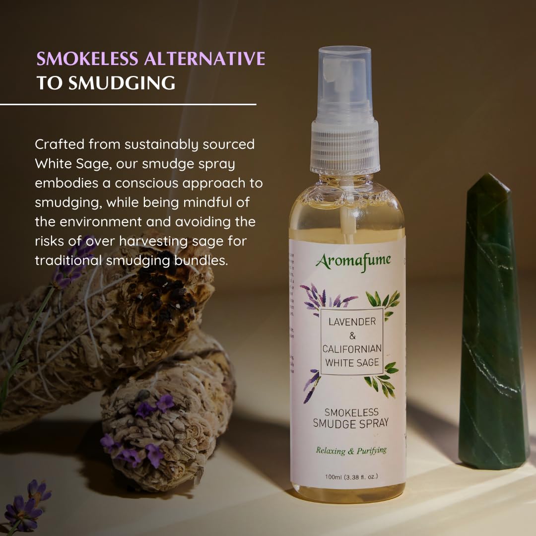 Aromafume Roomspray med Salvie & Lavendel – røgfri smudging med æteriske olier. Renser energien og skaber ro, klarhed og balance.