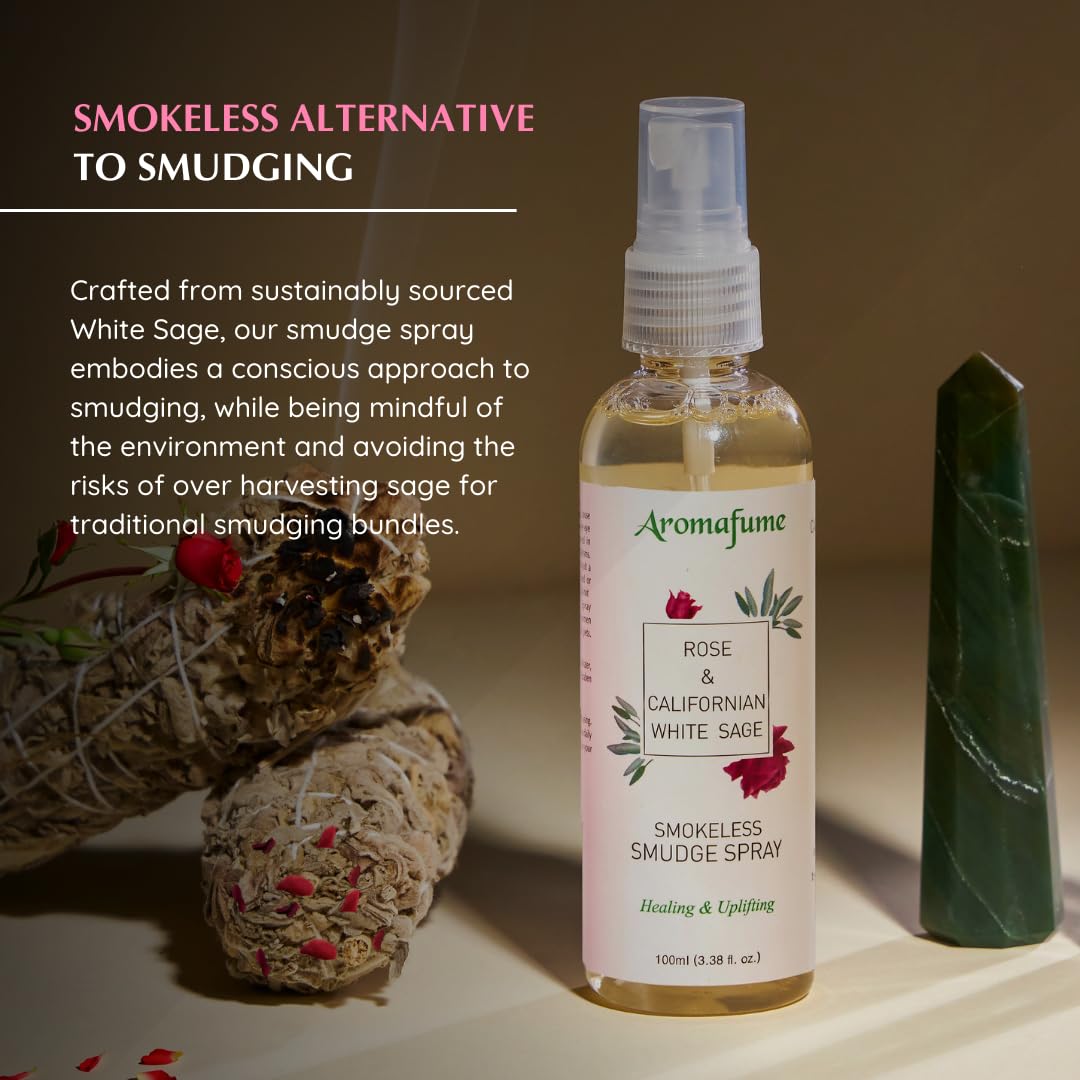 Aromafume Roomspray med Salvie & Roser – naturlig, røgfri smudging. Skaber ro, kærlig energi og balance med rene æteriske olier.