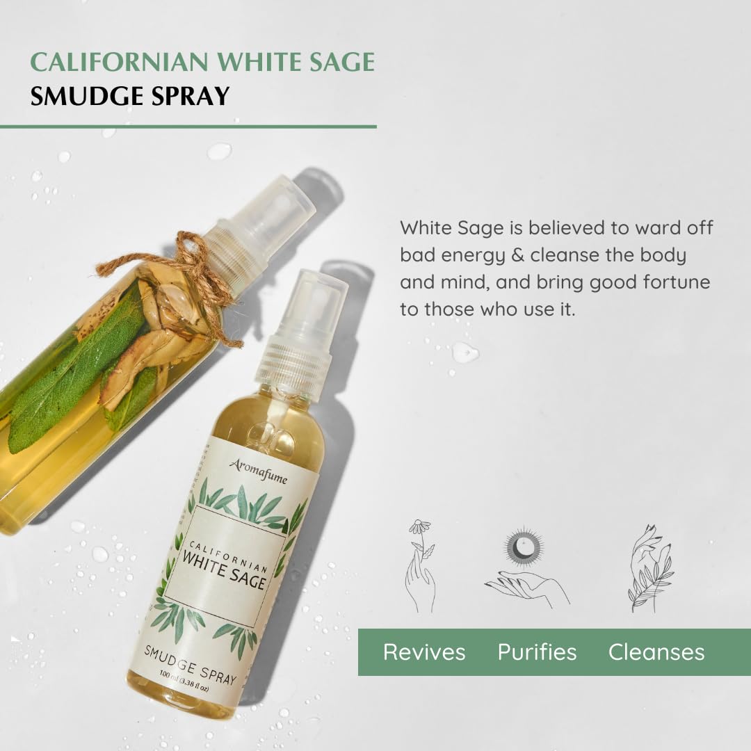 Aromafume Roomspray med Hvid Salvie – naturlig, røgfri energirensning. Skaber ro, balance og positiv atmosfære i hjemmet. Vegansk & miljøvenlig.