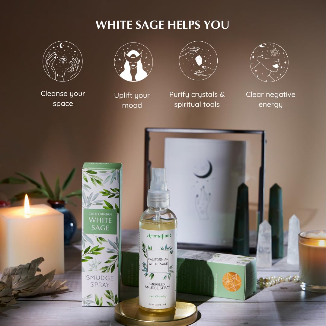 Aromafume Roomspray med Hvid Salvie – naturlig, røgfri energirensning. Skaber ro, balance og positiv atmosfære i hjemmet. Vegansk & miljøvenlig.