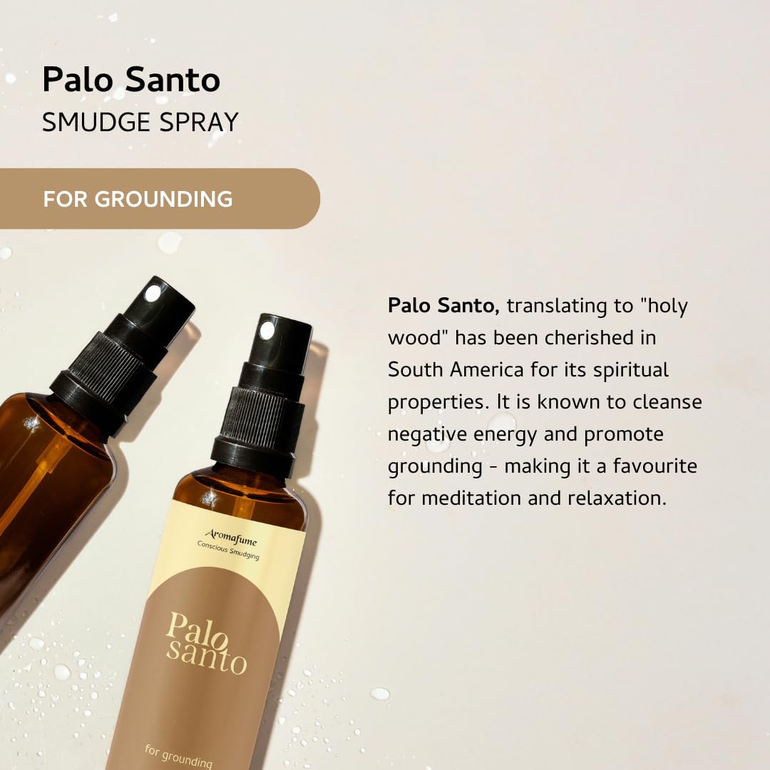 Aromafume Palo Santo roomspray i brunt glasflaske med naturlige krystaller og træpinde til hjemmeduft